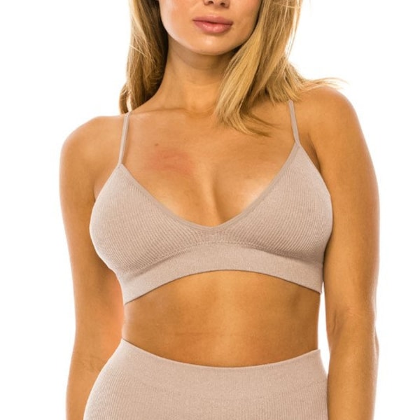 Removable padded seamless ribbed deep V triangle bralette with adjustable straps no wire bra top