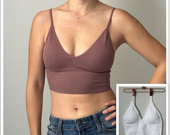 Deep v low back seamless ribbed bralette for small chest with thicker pads wirefree no hook sports bra top