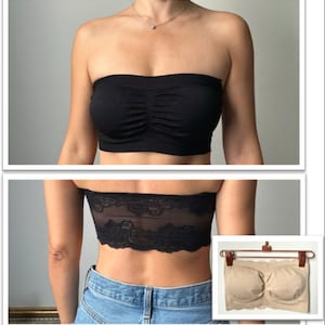 May include: Three strapless bras in black, black lace, and nude. The bras are shown on a hanger and on a model.