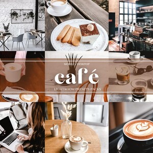 Op de afbeelding: Een collage van afbeeldingen die een café-setting laten zien met verschillende koffiedrankjes, gebak en mensen die van de sfeer genieten. De tekst "café" wordt prominent in het midden van de afbeelding weergegeven, samen met de zin "Lightroom Presets Packs".
