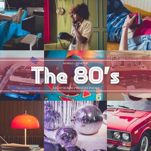 May include: A collage of images depicting the 1980s, including a person wearing a red shirt and jeans, a person holding a cassette tape, a red car, and a disco ball. The text "The 80's" is displayed in white letters on a pink background.