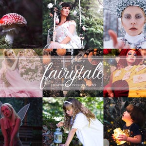 May include: A collage of images with a fairytale theme. The images include a girl in a white dress on a swing, a woman in a white dress with a crown of ice, a woman in a red and yellow dress with playing cards, a girl in a pink dress, a girl with fairy wings, a girl with a lantern, and a boy with a lantern. The text "fairytale" is in the centre of the collage.