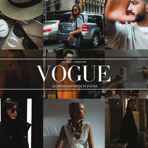 Peut inclure: Un collage d'images mettant en scène la mode, le style et la photographie. Les images comprennent une femme vêtue d'une tenue noire, une femme vêtue d'une tenue blanche, un homme portant une chemise blanche et une voiture. Le texte "VOGUE" est affiché dans un cadre noir avec les mots "MOBILE + DESKTOP" et "LIGHTROOM PRESETS PACKS" en plus petit.