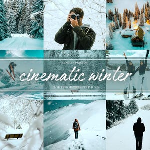May include: A collection of Lightroom presets for mobile and desktop, designed to give your winter photos a cinematic look. The presets are shown applied to photos of snowy landscapes, people skiing, and a cabin in the woods.