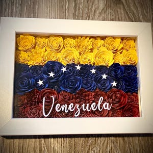 Puede incluir: Una obra de arte enmarcada que presenta una disposición de flores de papel en los colores de la bandera de Venezuela. La bandera está hecha de flores de papel amarillas, azules y rojas, con estrellas blancas en la sección azul. El marco es blanco y la obra de arte se titula "Venezuela".