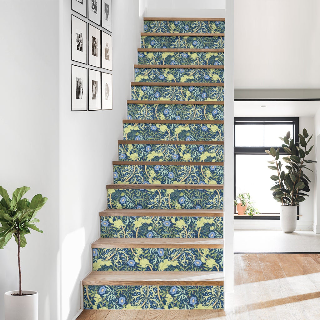 Stair Stickers 13 William Morris Seaweed blue Flower Stair Riser