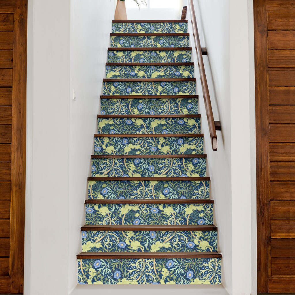 Stair Stickers 13 William Morris Seaweed blue Flower Stair Riser