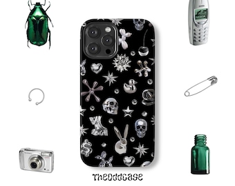 Etui na telefon w chromowanej estetyce • Czarno-srebrne etui na iPhone'a Alt • Abstrakcyjny, plemienny, alternatywny styl Y2K w stylu grunge, gotycki • Solidne, wytrzymałe etui •