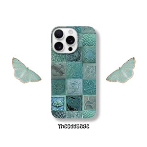 May include: A teal phone case with a mosaic tile design, featuring embossed patterns like a dragonfly and a leaf. The case has a square pattern with images of a dragonfly, a leaf, and a lotus flower. Two light blue butterflies are on either side. The text "TheOddcase" is at the bottom.