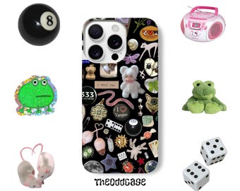 Bonita funda para iPhone con collage espeluznante • Indie Alt Grunge Mall Goth Kawaii Estética Funda para teléfono con diseño maximalista negro • Regalo de bruja • Protectora