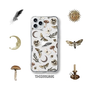 Skulls, Moths and Mushrooms clear phone case • Goth Goblincore Dark Academia Witchy Mystical Aesthetic• iPhone 15 X XS XR 11 SE 12 Pro 13