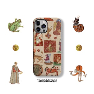 May include: A phone case with a medieval illustration design. The case has a beige background with red, green, and brown accents. The design includes figures and creatures. The text "TheOddcase" is printed at the bottom.