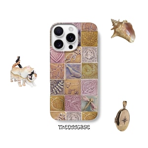 May include: A phone case with a mosaic tile design featuring nature-inspired images. A seashell, a gold locket, and a cat figurine are also present. The text "Theoddcase" is printed at the bottom of the case.