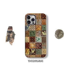 May include: A phone case with a mosaic tile design in shades of brown, green, and gold. The case features a variety of patterns and images. A fragment of a painting and a coin are also present. The text "theoddcase" is at the bottom.