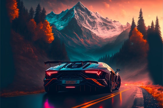 Lambo in the Mountains Digital Art Wallpaper