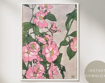Vintage Pink Flowers Watercolor Botanical Illustration, Prarie Rose Art Print, Printable Antique Wall Decor, Floral Painting, DIGITAL