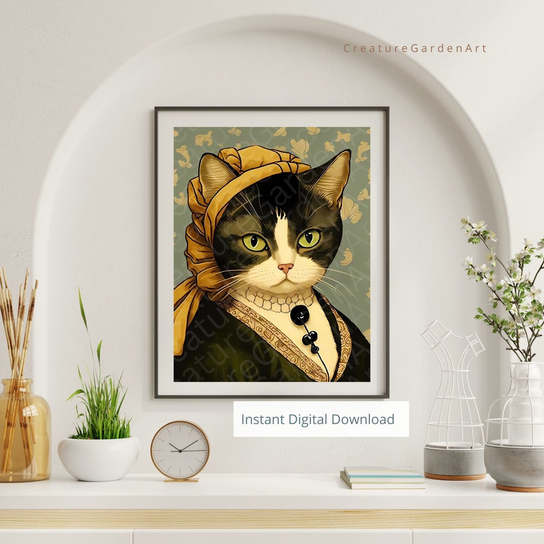 Funny Cat Portrait, Victorian Cat Painting, Wall Art Printable, Modern Farmhouse Art, Cottage