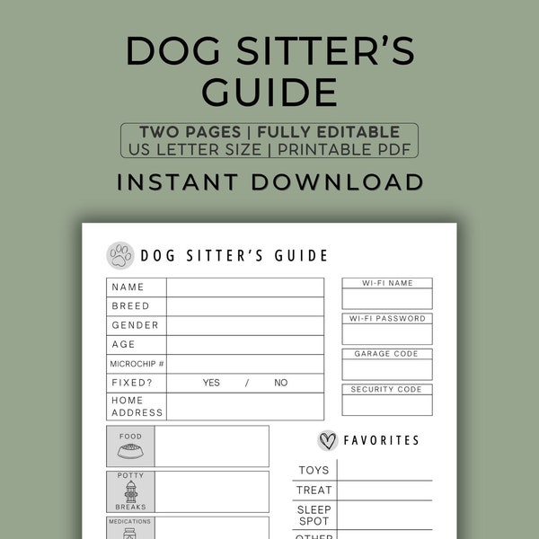 Dog Sitter Instructions | Pet Sitter Template Printable | Pet Care Info Sheet | Pet Sitter Notes | Pet Sitter Checklist | Pet Owner Contact