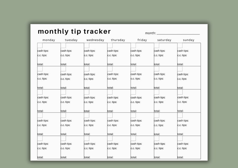 Tip Tracker Printable Tip Tracker for Servers Money Etsy