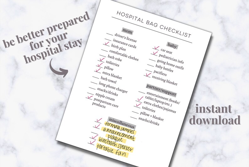 Hospital Bag Checklist Printable Birth Bag Packing Checklist Etsy