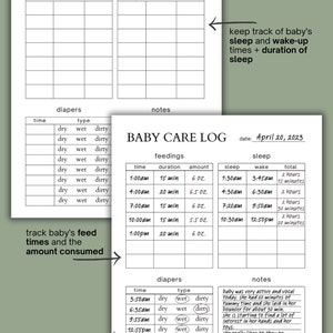 Printable Baby Care Log | Baby Daily Log | Nanny Log | Baby Tracker ...