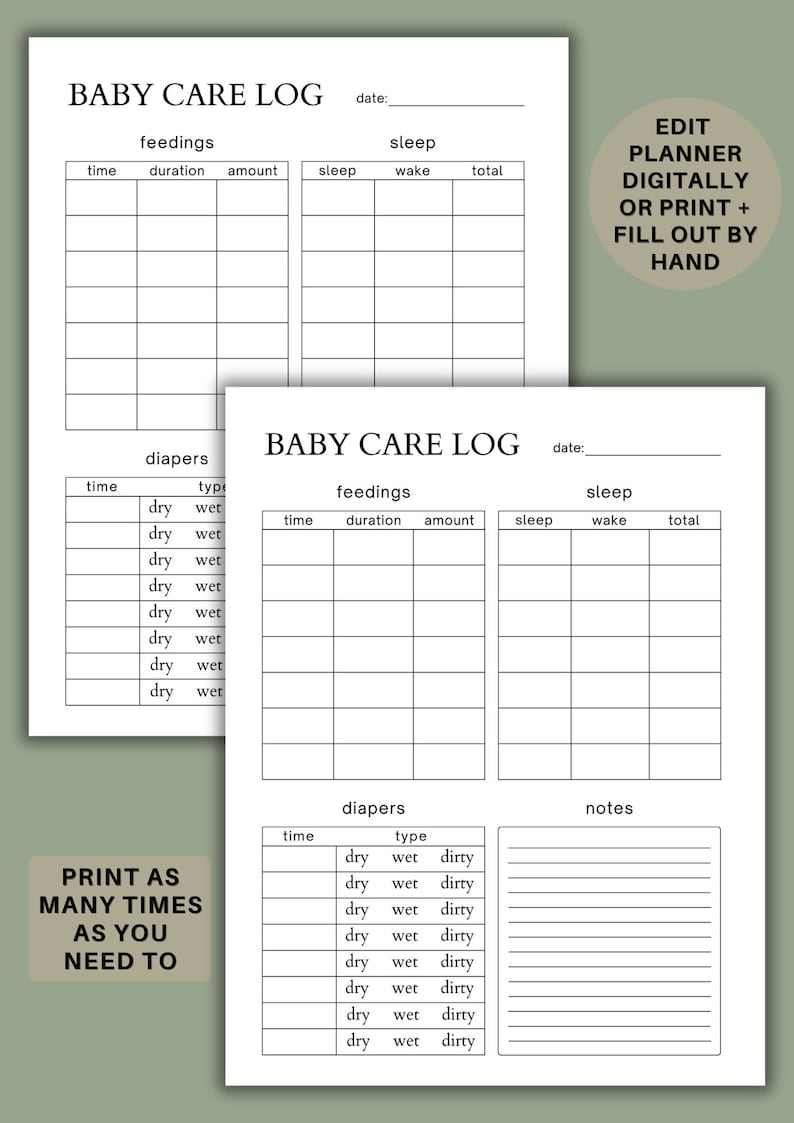 Printable Baby Care Log | Baby Daily Log | Nanny Log | Baby Tracker ...