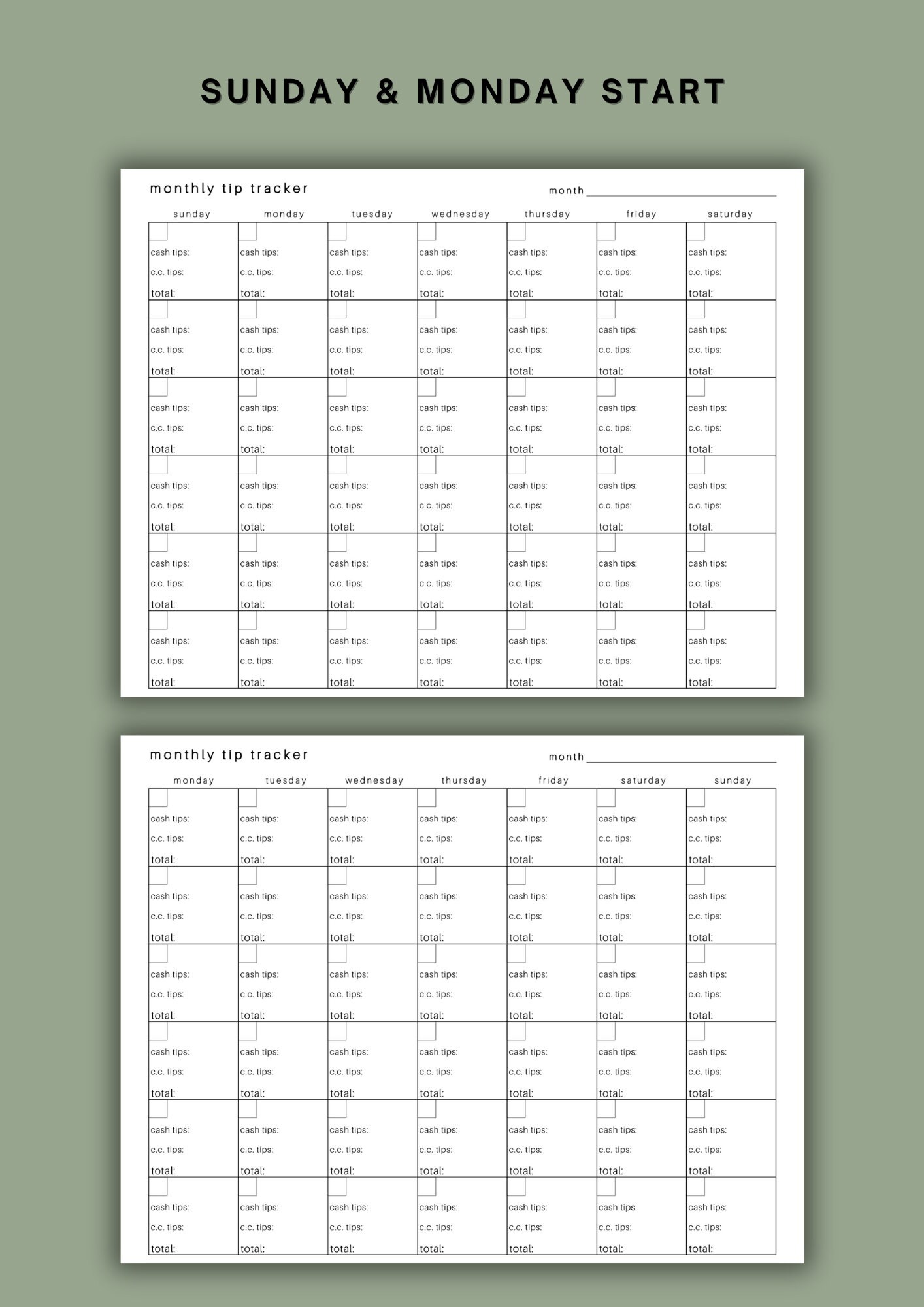 Tip Tracker Printable Tip Tracker for Servers Money Tracker Tip