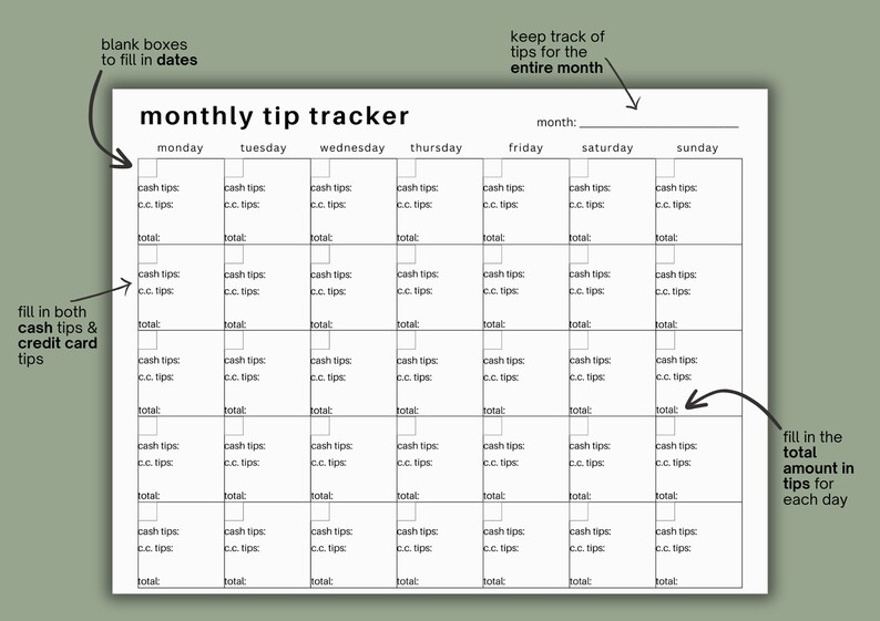 Tip Tracker Printable Tip Tracker for Servers Money - Etsy