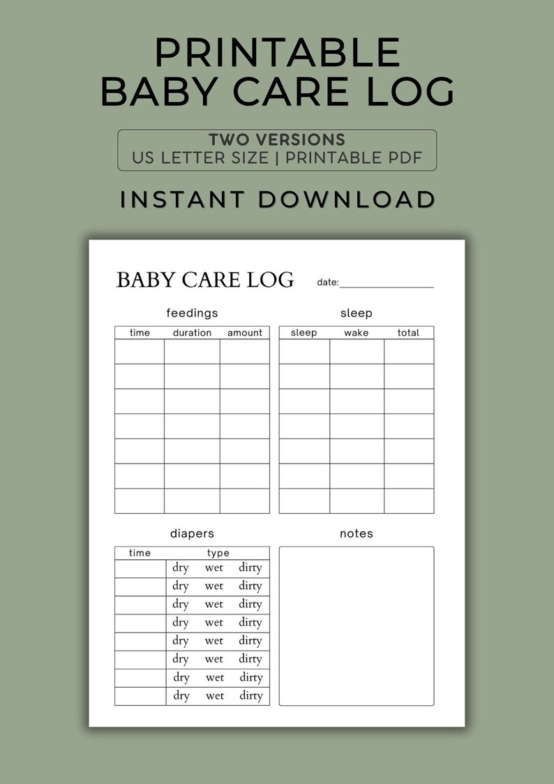 Printable Baby Care Log | Baby Daily Log | Nanny Log | Baby Tracker ...
