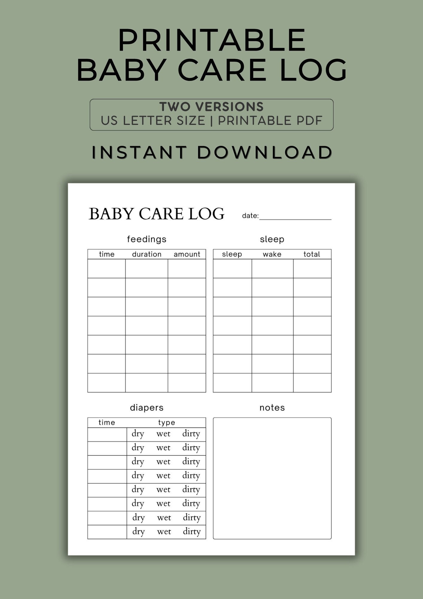 Printable Baby Care Log | Baby Daily Log | Nanny Log | Baby Tracker Planner | Baby Log | Newborn ...