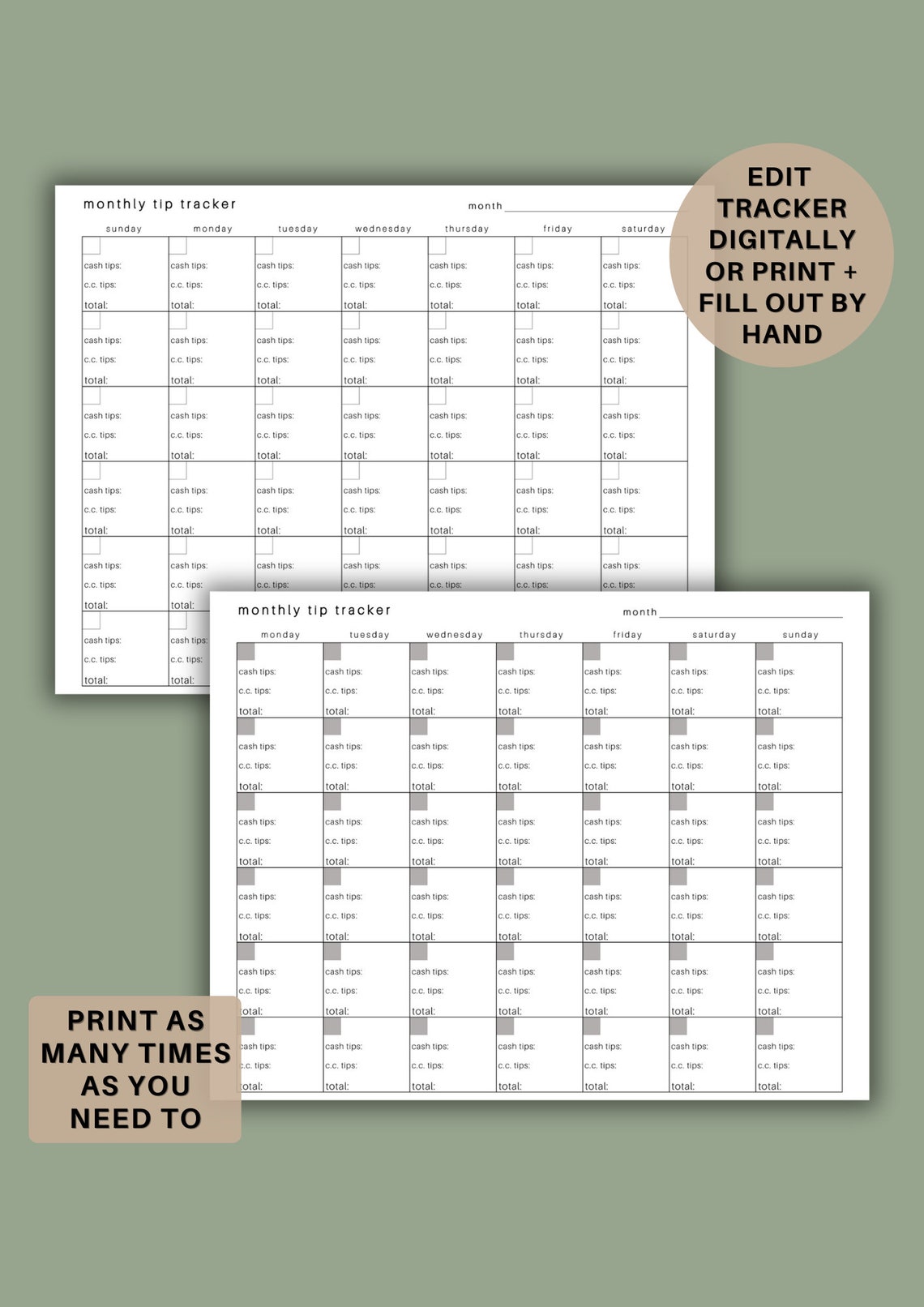 Tip Tracker Printable | Tip Tracker for Servers | Money Tracker | Tip ...
