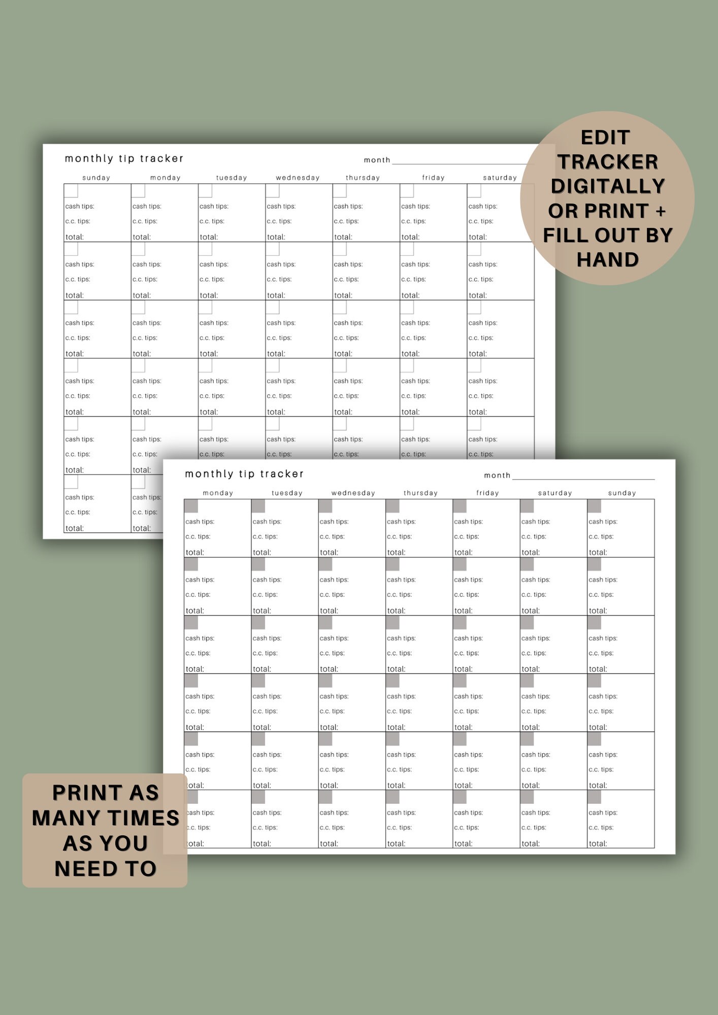 Tip Tracker Printable Tip Tracker for Servers Money Tracker Tip