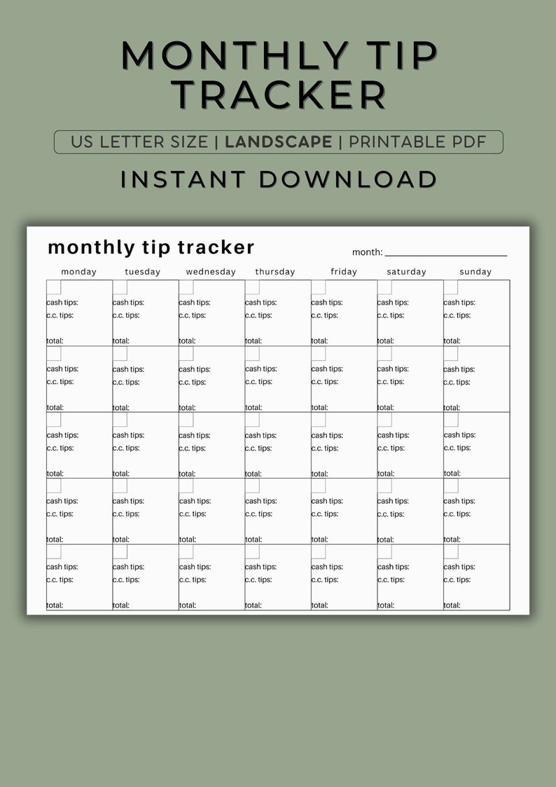 Tip Tracker Printable Tip Tracker for Servers Money - Etsy