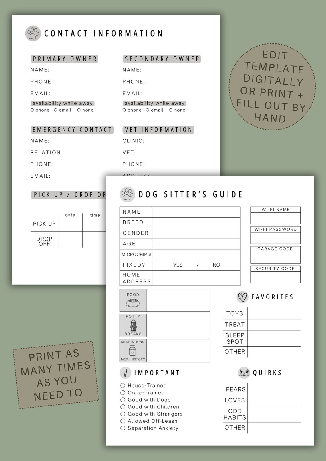Dog Sitter Instructions Pet Sitter Template Printable Pet Care Info Sheet Pet Sitter Notes Pet