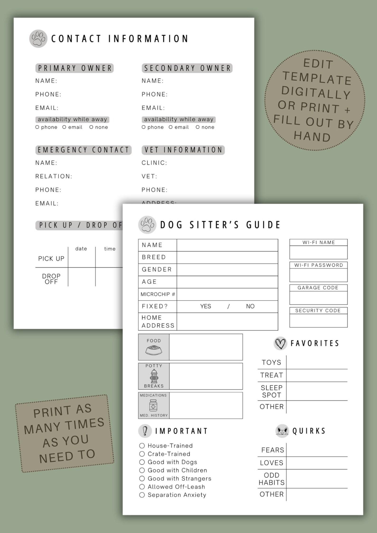 Dog Sitter Instructions | Pet Sitter Template Printable | Pet Care Info Sheet | Pet Sitter Notes ...