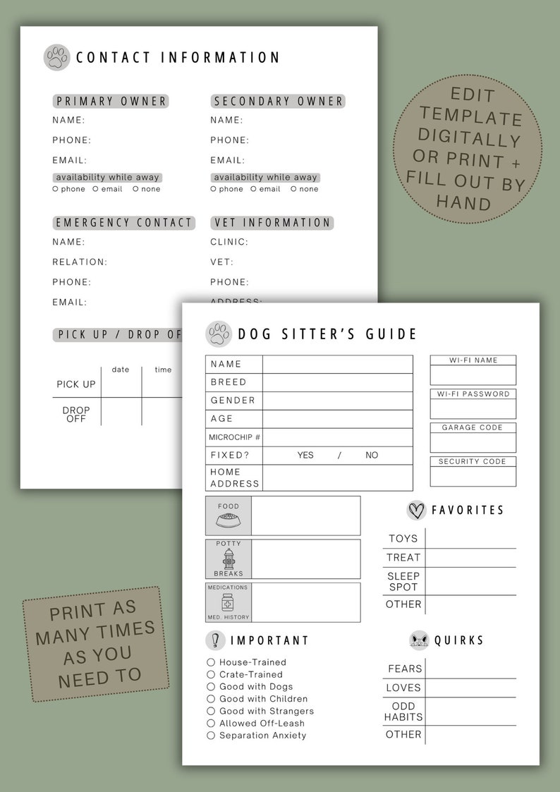 Dog Sitter Instructions Pet Sitter Template Printable Pet Care Info