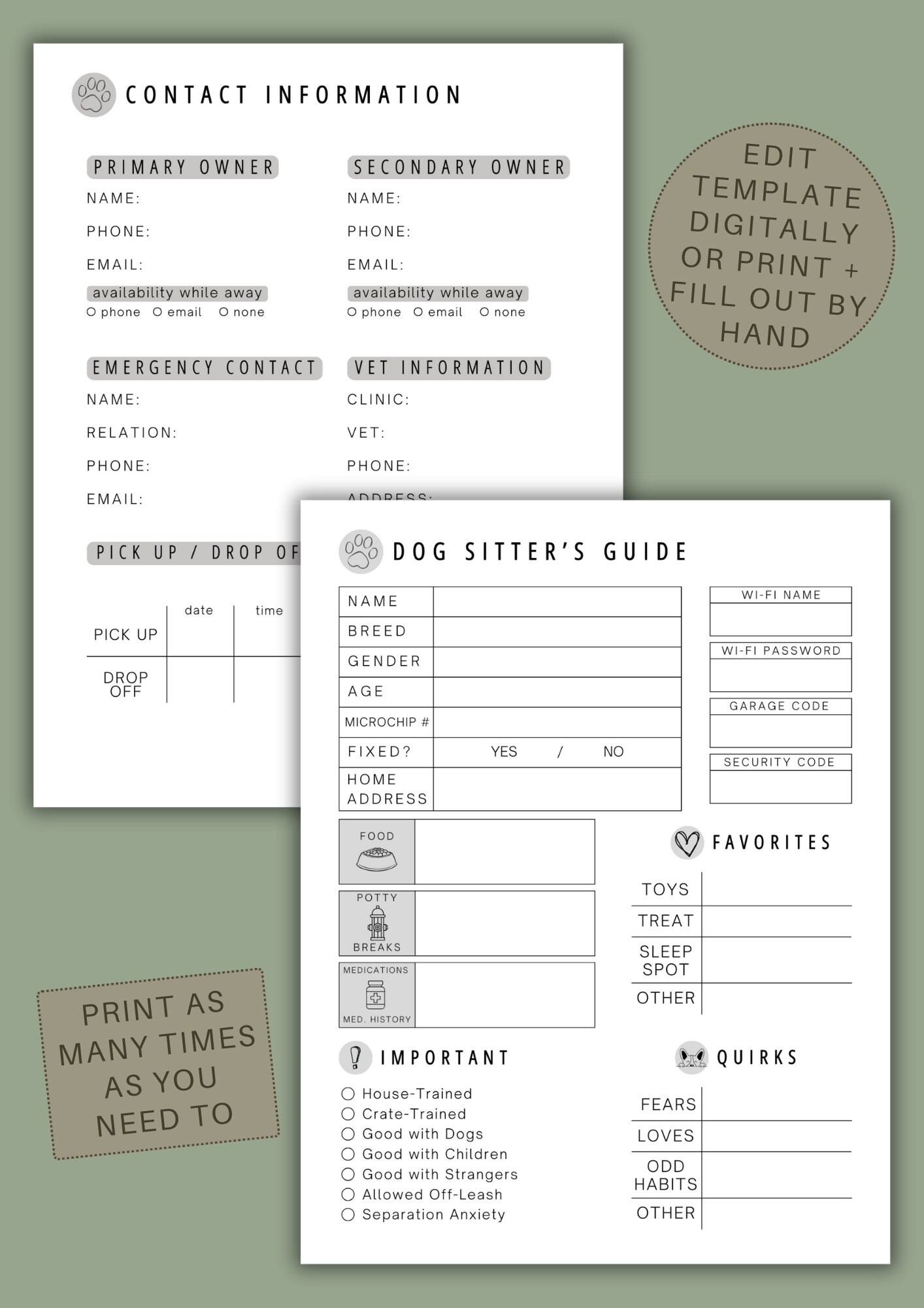 Dog Sitter Instructions | Pet Sitter Template Printable | Pet Care Info Sheet | Pet Sitter Notes ...