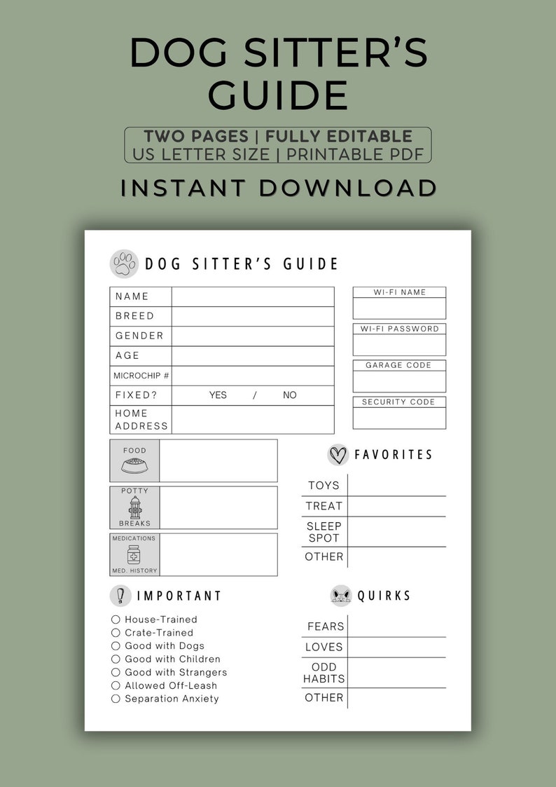 Dog Sitter Instructions Pet Sitter Template Printable Pet Care Info Dog Sitter Instructions Pet Sitter Template Printable Pet Care Info
