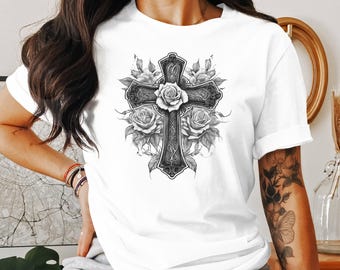 Gothic Rose Cross T-Shirt - Black & White Art Tee