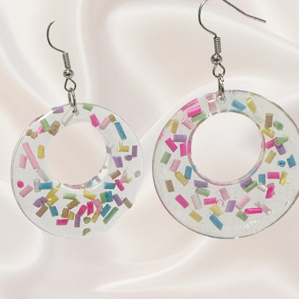 Clear resin doughnut earrings with sprinkles