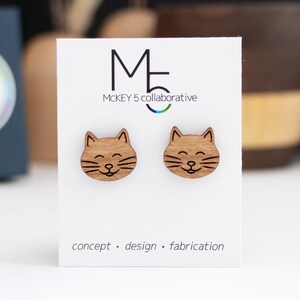 Wood Cat Earrings | Titanium Hypoallergenic Stud Earrings | Handmade Wood Cat Jewelry | Original Art | Wood Stud Earrings | Cat Lover Gift