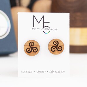 Wood Triskelion Earrings | Hypoallergenic Titanium Earrings Studs | Handmade Celtic Knot Jewelry | Wooden Boho Earrings | Irish Jewelry Gift