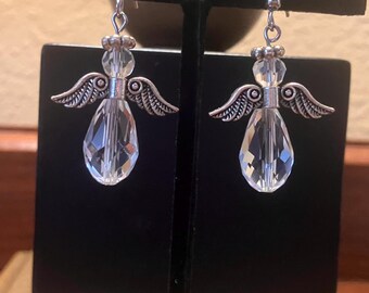 Handmade Christian Clear Glass Bead Earrings with Silver Angel  wing charms.