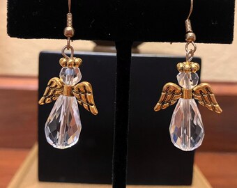 Handmade Christian Clear Glass Bead Earrings with Gold Angel  wing charms
