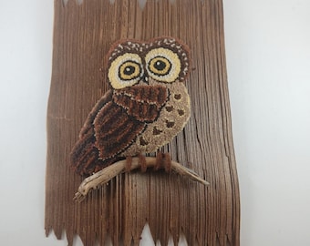 Vintage Needlepoint Owl On Wood Plaque Art Funky Kitsch 1980s Cottage Wall Decor
