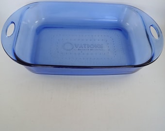 Vtg Cobalt Blue Anchor Hocking Ovations Glass Casserole Baking Dish 9x13" Handle