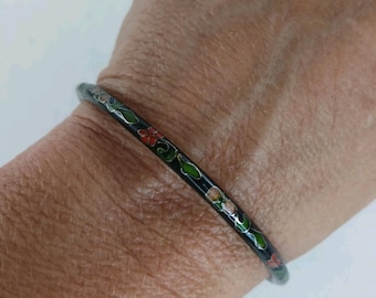 Vintage Asian Cloisonne Enamel Bangle Bracelet BlackW/Green Red Pink Gold Floral