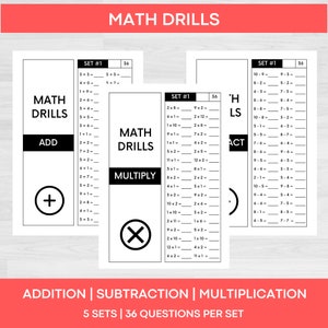 Puede incluir: Hojas de trabajo imprimibles en blanco y negro para ejercicios de matemáticas. Las hojas de trabajo están divididas en tres secciones: suma, resta y multiplicación. Cada sección tiene cinco conjuntos de 36 preguntas.