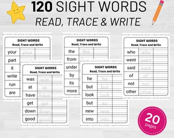 May include: A set of 20 printable worksheets for learning 120 sight words. Each worksheet features a different sight word with space to read, trace, and write the word. The worksheets are designed for preschool, kindergarten, and first grade students.