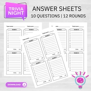 Hojas de respuestas de trivia / Cuestionarios de trivia / Noche de trivia / Hojas de respuestas de trivia imprimibles / Noches de juegos / Juegos de fiesta / Imprimibles de trivia /
